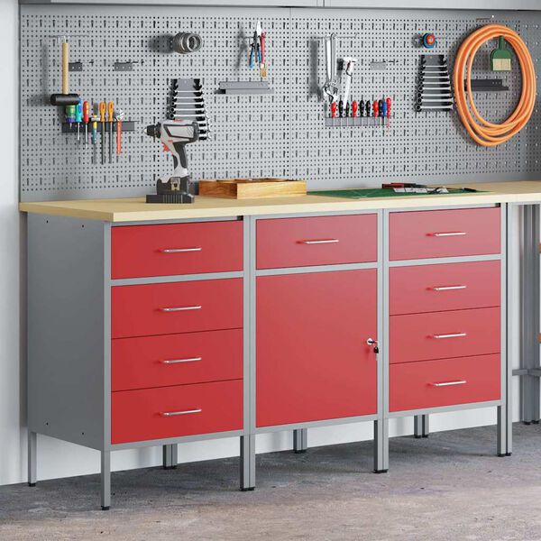 vidaXL Work Cabinet with Drawer 3 pcs Red and Grey 150 x 55 x 85 cm