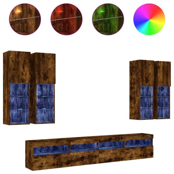 vidaXL 7 Piece TV Wall Cabinet Set with LED Lights Smoked Oak
