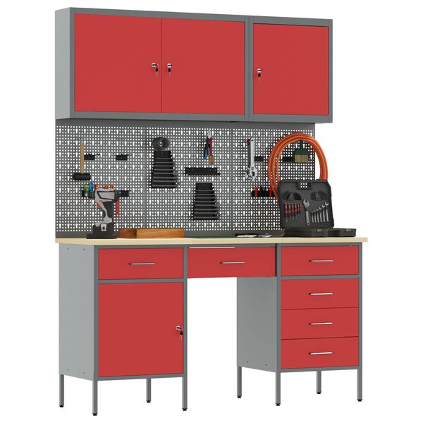 vidaXL Work Cabinet with Drawer with Lock 8 pcs Red 150 x 55 x 200 cm
