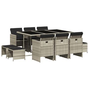 vidaXL 11 Piece Garden Dining Set with Cushions Light Grey Poly Rattan