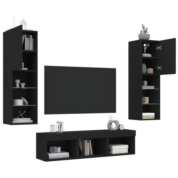 vidaXL 5 Piece TV Wall Units with LED Black Engineered Wood