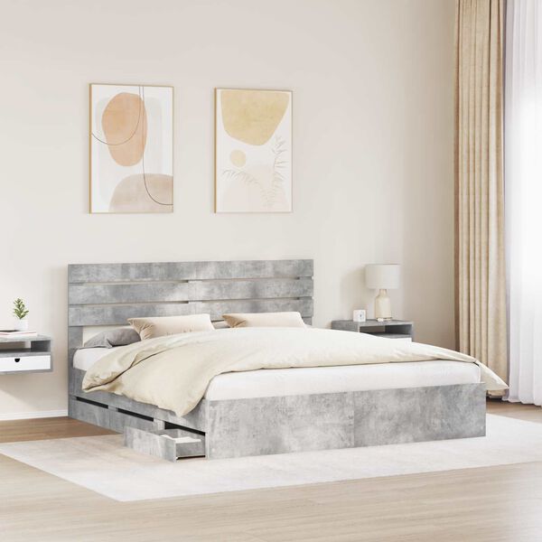 vidaXL Bed Frame with Drawer Concrete Grey 200 x 200 cm Engineer Wood