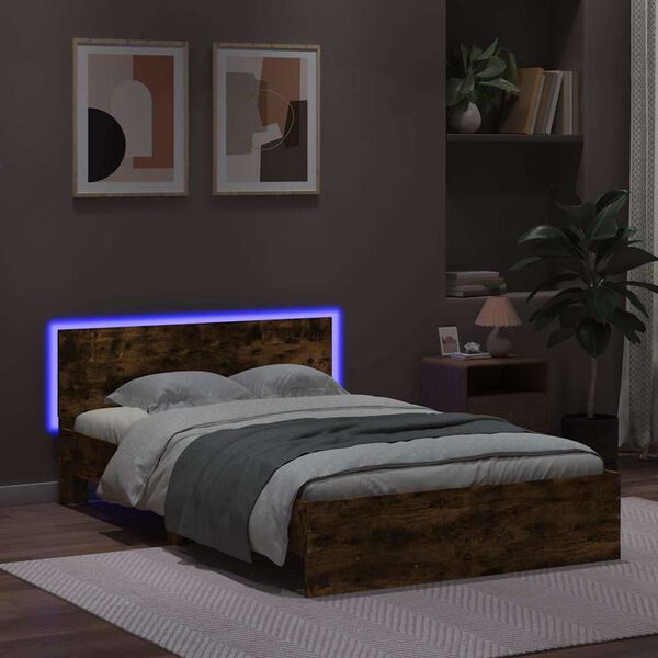 vidaXL Bed Frame with Headboard and LED Smoked Oak 120x190 cm Small Double