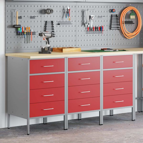 vidaXL Work Cabinet with Drawer 3 pcs Red and Grey 75 x 45 x 85 cm