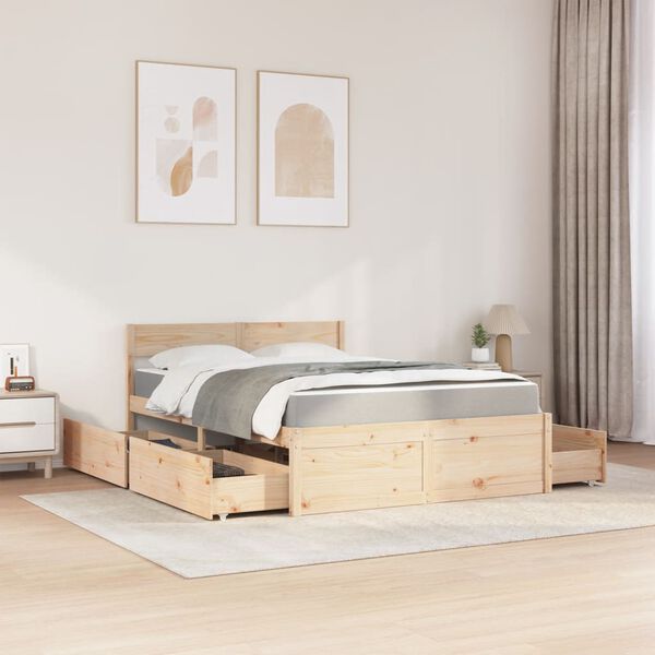 vidaXL Bed with Drawers and Mattress 120x190 cm Small Double Solid Wood Pine