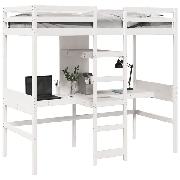 vidaXL Loft Bed Frame with Desk and Shelves White 90x200cm Solid Wood Pine
