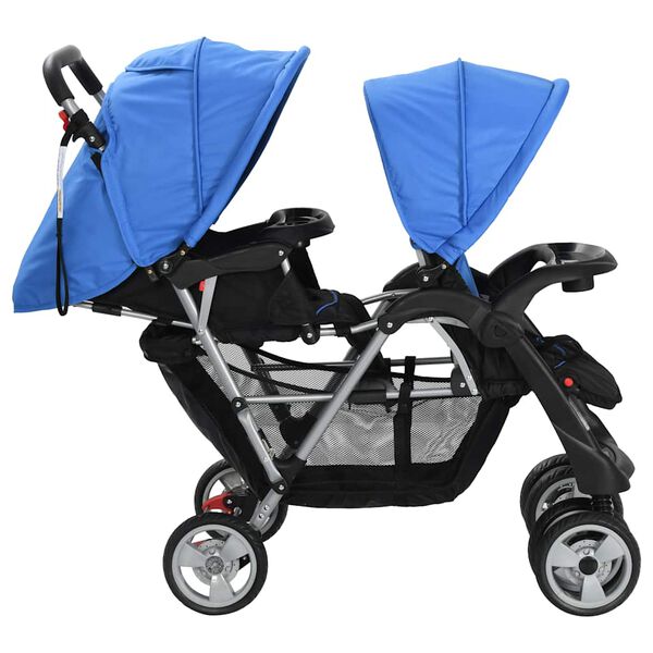 vidaXL Tandem Stroller Steel Blue and Black