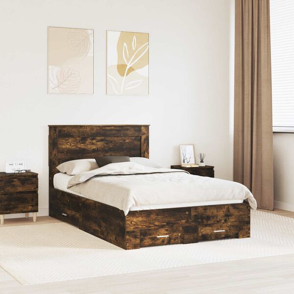 vidaXL Bed Frame with Drawer Smoked Oak 135 x 190 cm Engineered Wood