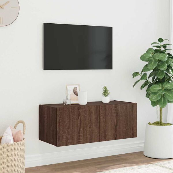 vidaXL TV Wall Cabinet with LED Lights Brown Oak 80x35x31 cm