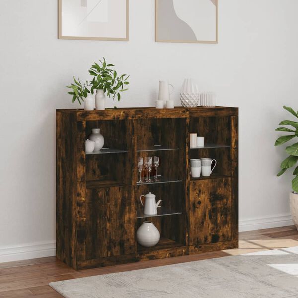 vidaXL Sideboards with LED Lights 3 pcs Smoked Oak Engineered Wood