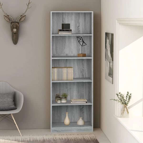 vidaXL 5-Tier Book Cabinet Grey Sonoma 60x24x175 cm Engineered Wood