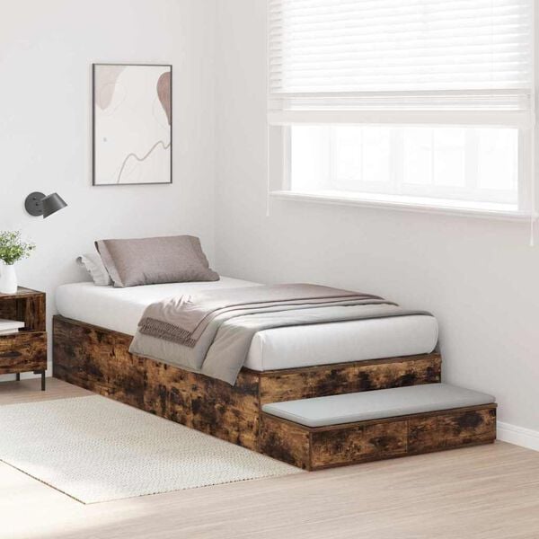 vidaXL Storage Bed Frame with Drawer Smoked Oak 75 cm Engineered Wood
