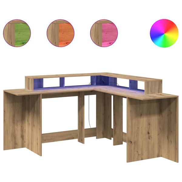 vidaXL Desk with LED Lights Artisian Oak 152x152x91 cm Engineered Wood