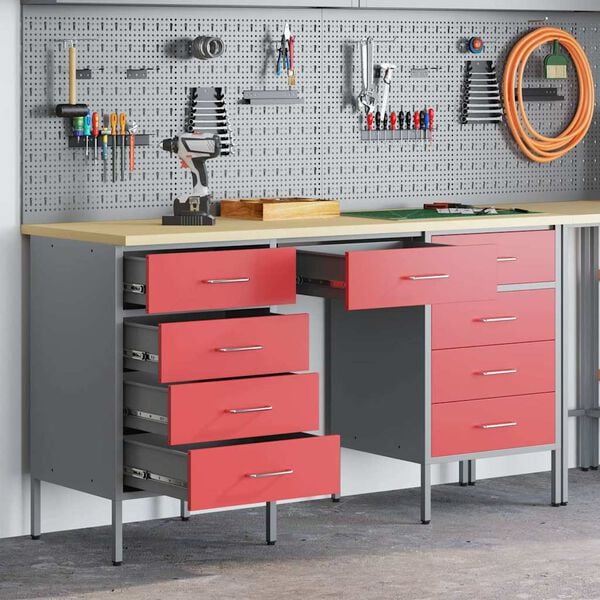 vidaXL Work Cabinet with Drawer 3 pcs Red 150 x 55 x 85 cm
