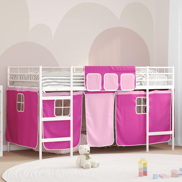 vidaXL Kids'Loft Bed Frame with Curtains White and Pink 90 x 201 cm