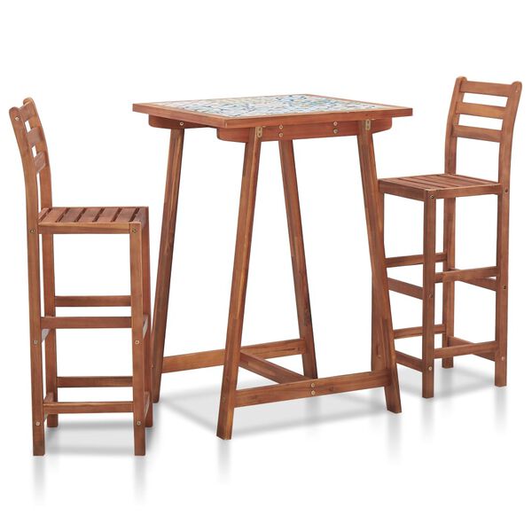 vidaXL 3 Piece Outdoor Bar Set Mosaic Tile Top and Solid Acacia Wood