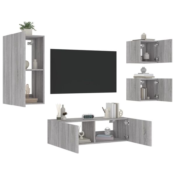 vidaXL 4 Piece TV Wall Cabinets with LED Lights Grey Sonoma
