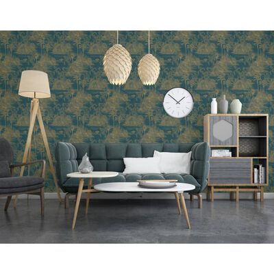 DUTCH WALLCOVERINGS Wallpaper Tropical Dark Blue and Gold