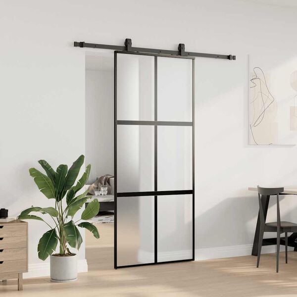 vidaXL Sliding Door with Hardware Set Black 90x205 cm Tempered Glass
