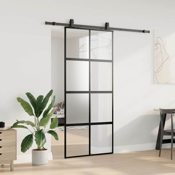 vidaXL Sliding Door with Hardware Set Black 90x205 cm Tempered Glass
