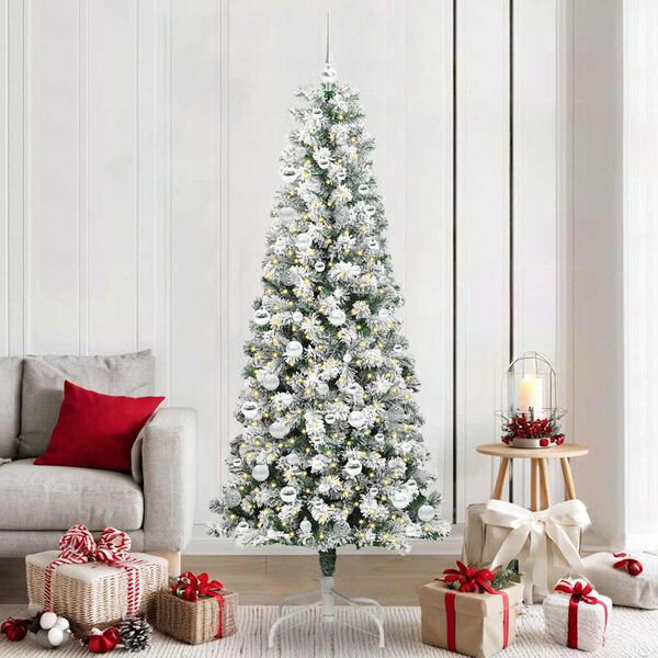 vidaXL Artificial Hinged Christmas Tree Green and White 210 cm