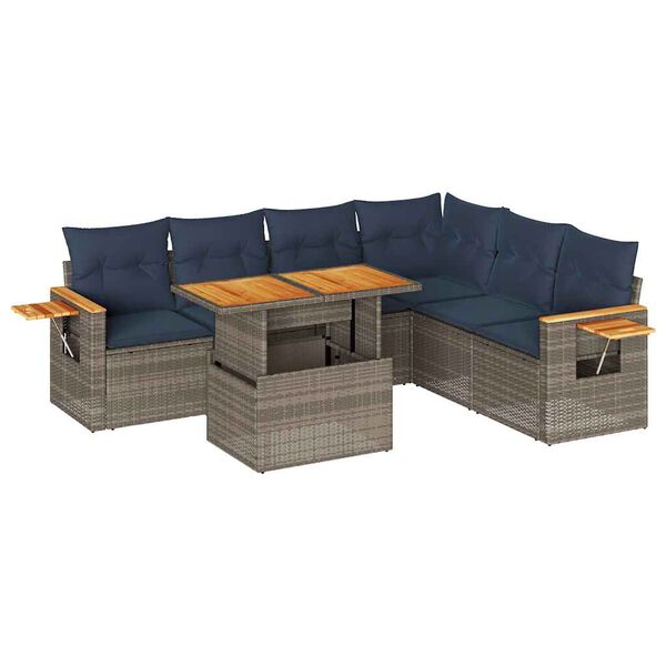 vidaXL 7 Piece Garden Sofa Set with Cushions Grey Poly Rattan Acacia