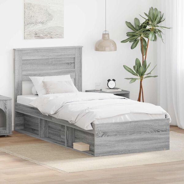 vidaXL Bed Frame with Storage Grey Sonoma 90 x 190 cm Solid Pine Wood