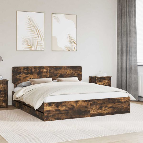 vidaXL Bed Frame with Drawer Smoked Oak 200 x 200 cm Engineer Wood