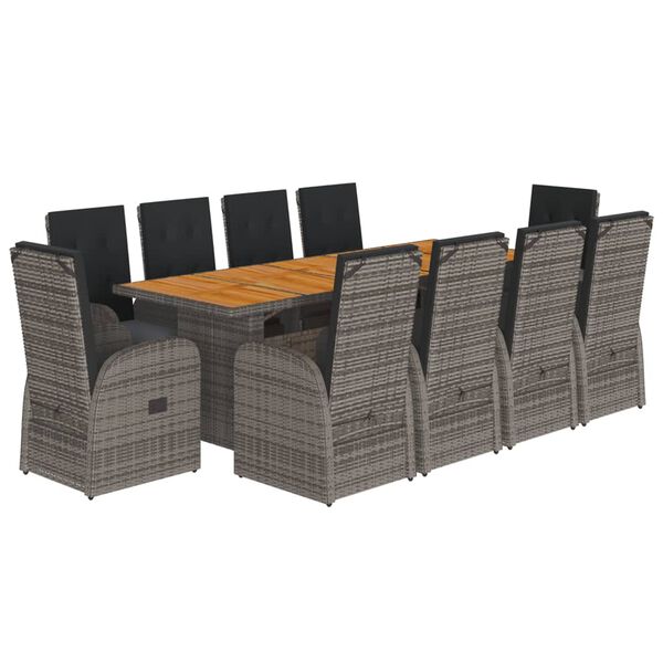 vidaXL 11 Piece Garden Dining Set with Cushions Grey Poly Rattan