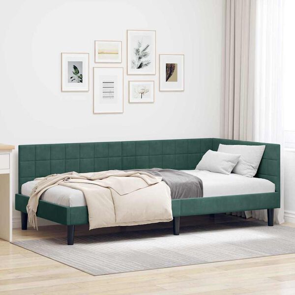 vidaXL Corner Bed Frame Dark Green 90 cm x 200 cm Velvet