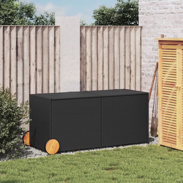 vidaXL Garden Storage Box with Wheels Black 283L Poly Rattan