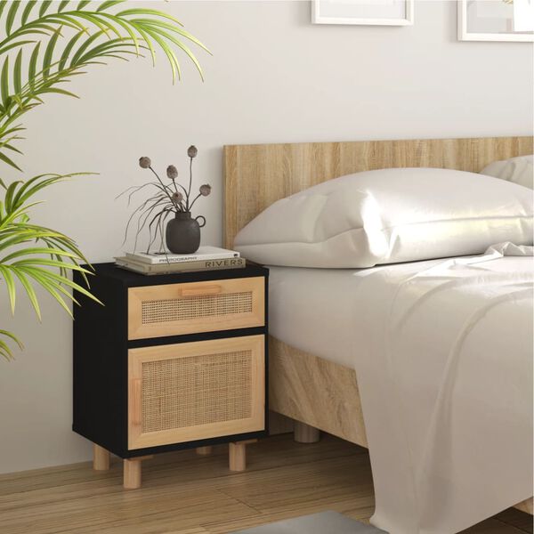 vidaXL Bedside Cabinets 2 pcs Black Solid Wood Pine and Natural Rattan