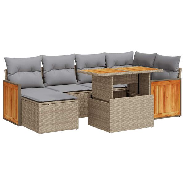 vidaXL 7 Piece Garden Sofa Set with Cushions Beige Poly Rattan Acacia