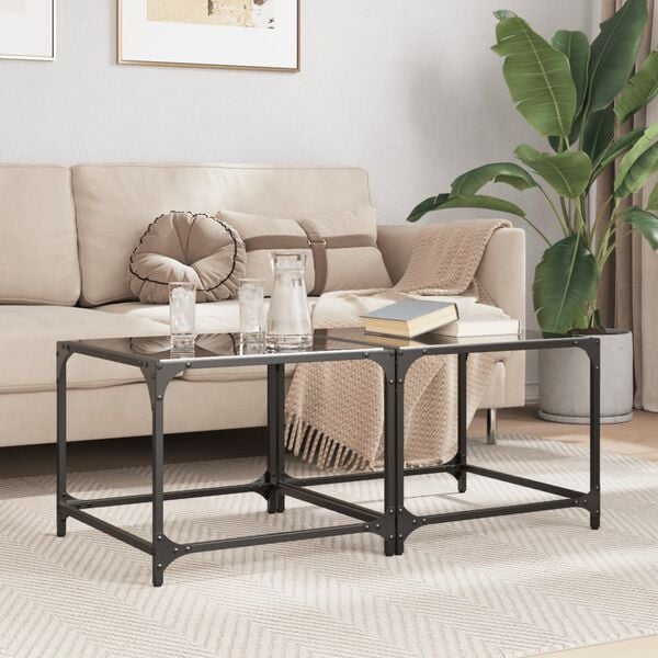 vidaXL Coffee Tables with Black Glass Top 2 pcs 50x50x40 cm Steel