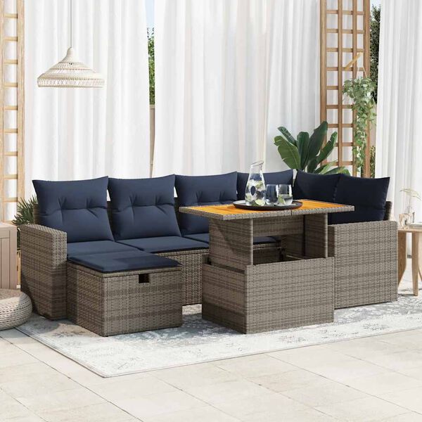 vidaXL 7 Piece Garden Sofa Set with Cushions Black Poly Rattan Acacia