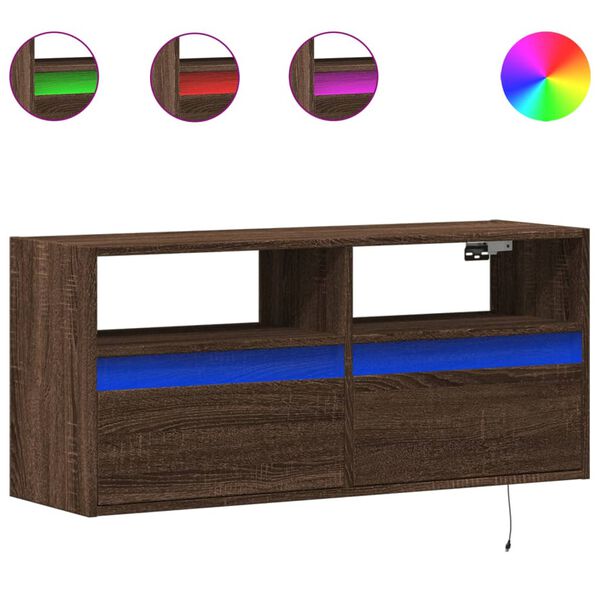 vidaXL TV Wall Cabinet with LED Lights Brown Oak 100x31x45 cm