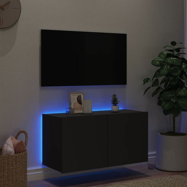 vidaXL TV Wall Cabinet with LED Lights Black 80x35x41 cm