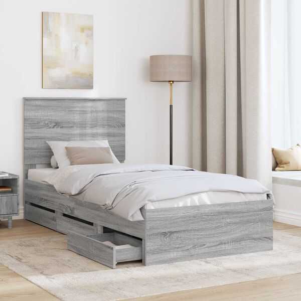 vidaXL Bed Frame with Drawer Grey Sonoma 90 x 200 cm Engineer Wood