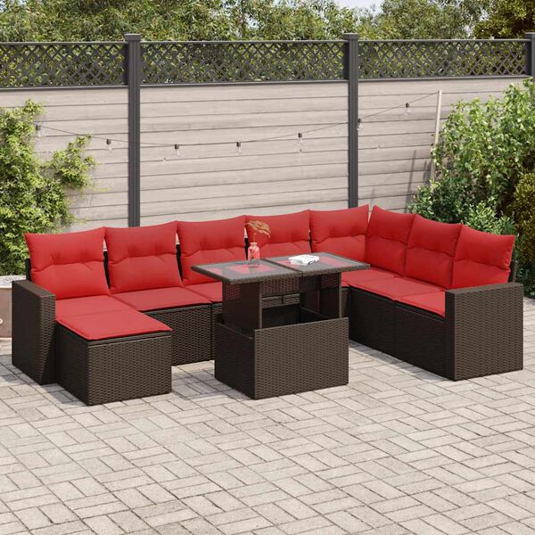 vidaXL 9 Piece Garden Sofa Set with Cushions Brown Poly Rattan Acacia
