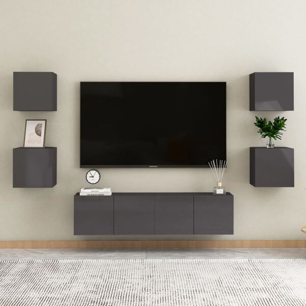 vidaXL 6 Piece TV Cabinet Set High Gloss Grey Engineered Wood