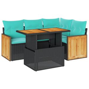 vidaXL 5 Piece Garden Sofa Set with Cushions Black Poly Rattan Acacia