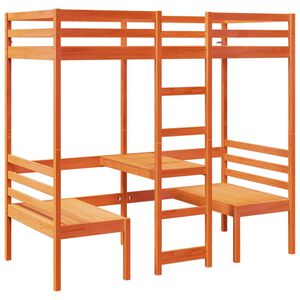 vidaXL Loft Bed Frame with Desk and Chairs Wax Brown 90x200cm Solid Wood Pine