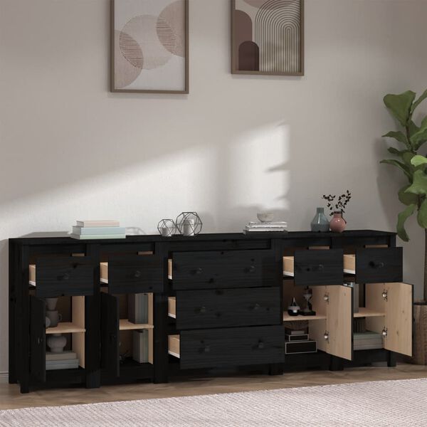vidaXL Sideboard Black 230x35x80 cm Solid Wood Pine