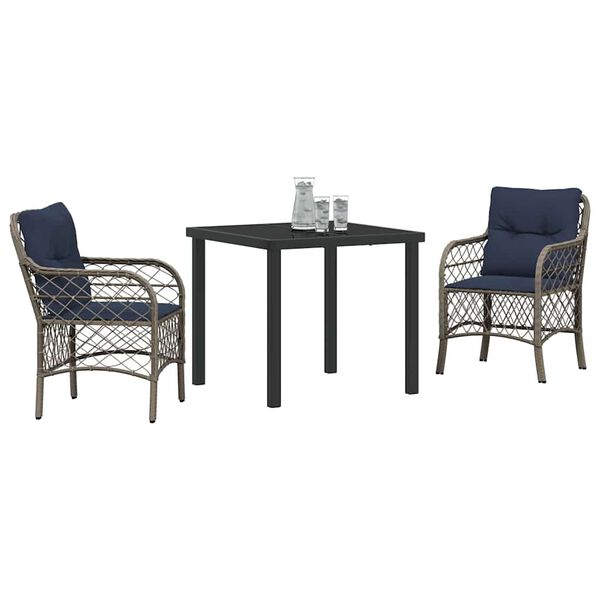 vidaXL Garden Dining Set with Cushion 3 pcs Grey and Black Rattan