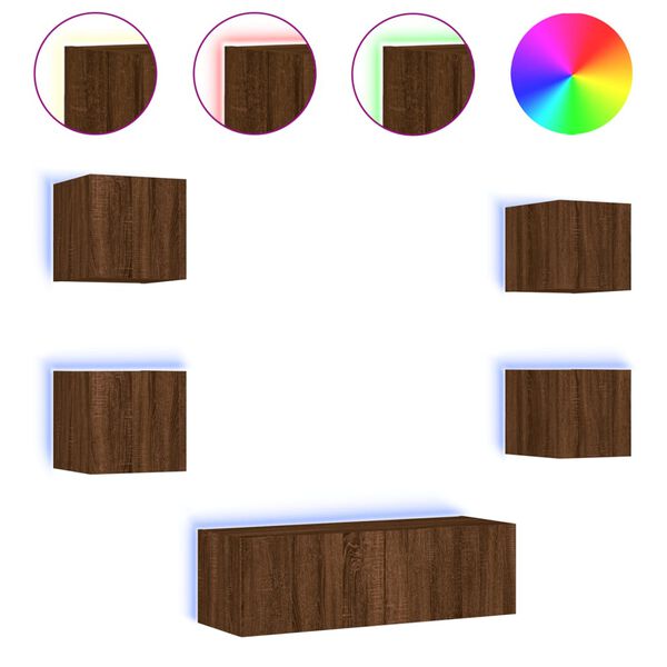 vidaXL 5 Piece TV Wall Cabinets with LED Lights Brown Oak