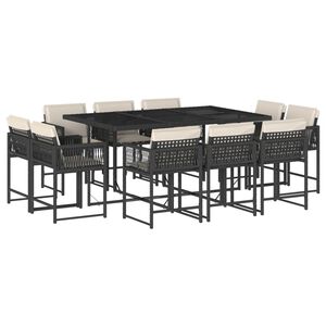 vidaXL 11 Piece Garden Dining Set with Cushions Black Poly Rattan