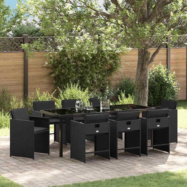vidaXL Garden Dining Set with Cushion 9 pcs Black Poly Rattan