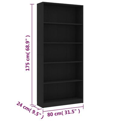 vidaXL 5-Tier Book Cabinet Black 80x24x175 cm Engineered Wood