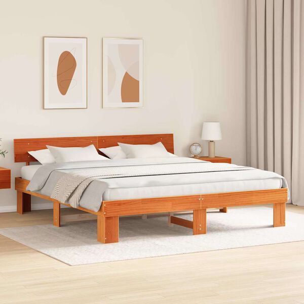 vidaXL Bed Frame with Headboard Wax Brown 180 x 200 cm Solid Pine Wood