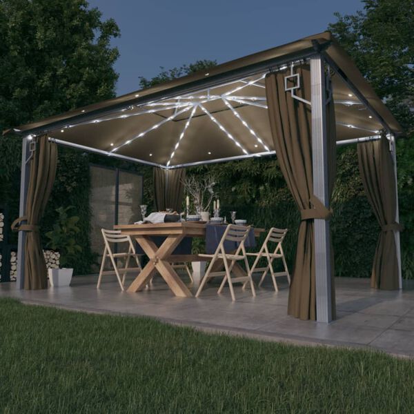 vidaXL Gazebo with Curtain&LED String Lights 4x3 m Taupe Aluminium